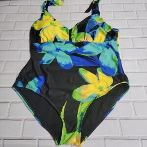 Social Angel Tropical Floral Swimsuit One-Piece Black Multi Women's Size 2X